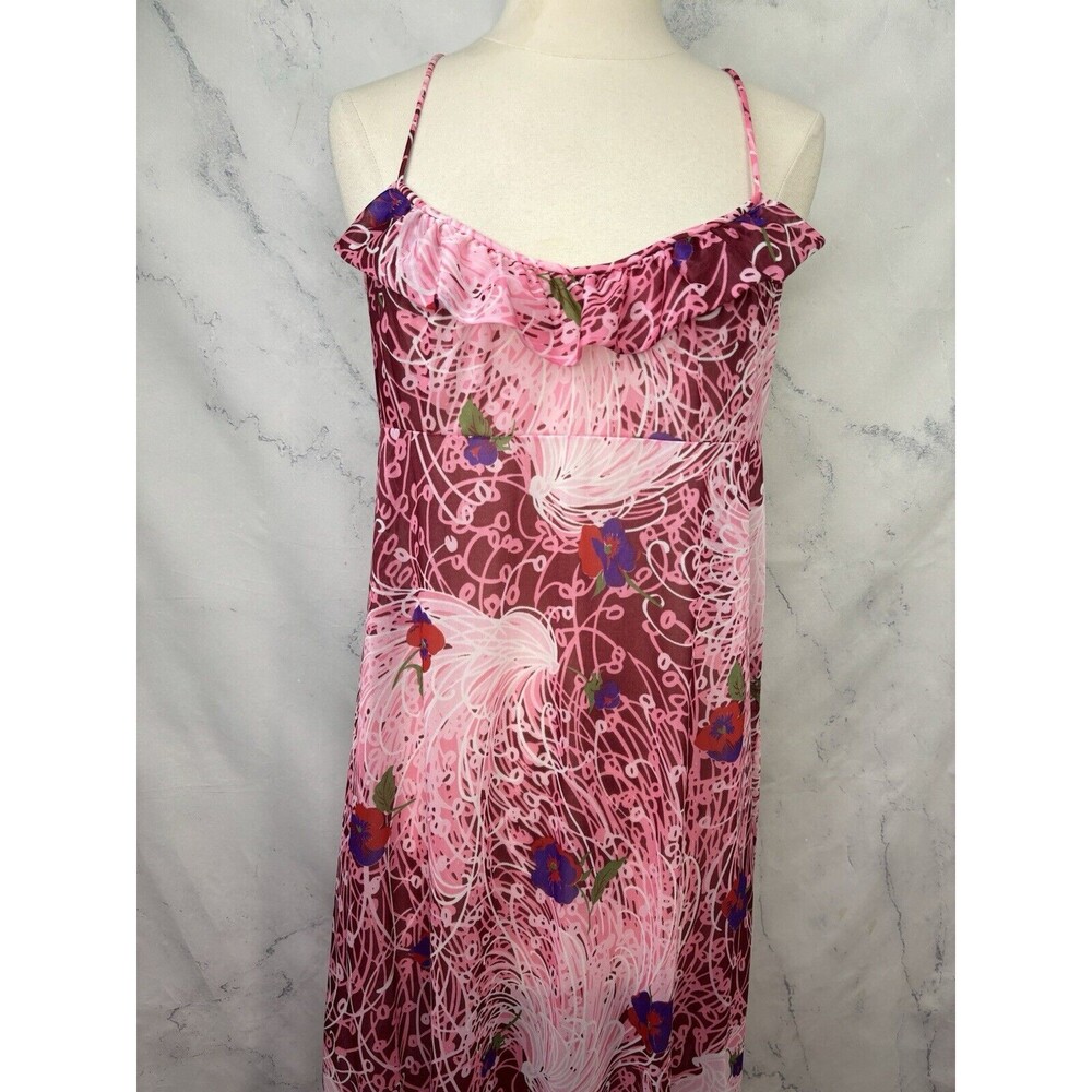 Vintage Vanity Fair Mod Slip Dress 38 L Retro Pink Floral Nylon Whimsical Ruffle - Picture 7 of 13